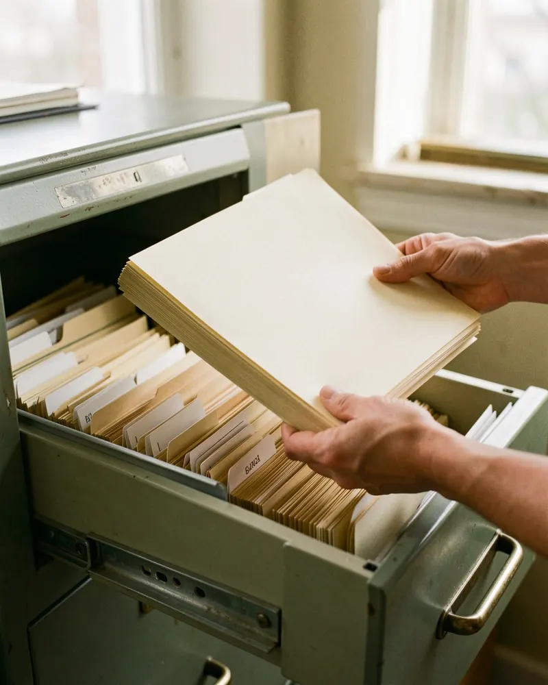 Hands lifting a stack of folders from an open filing cabinet drawer