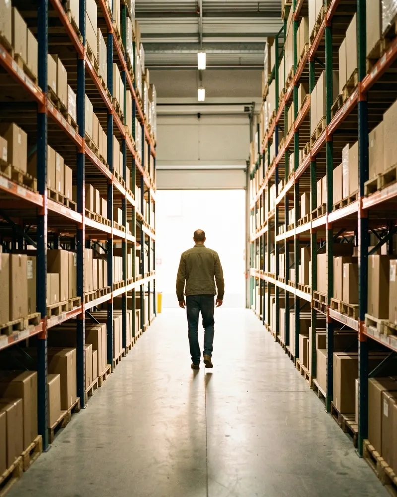 A worker walking down a tall warehouse aisle toward an open loading dock door